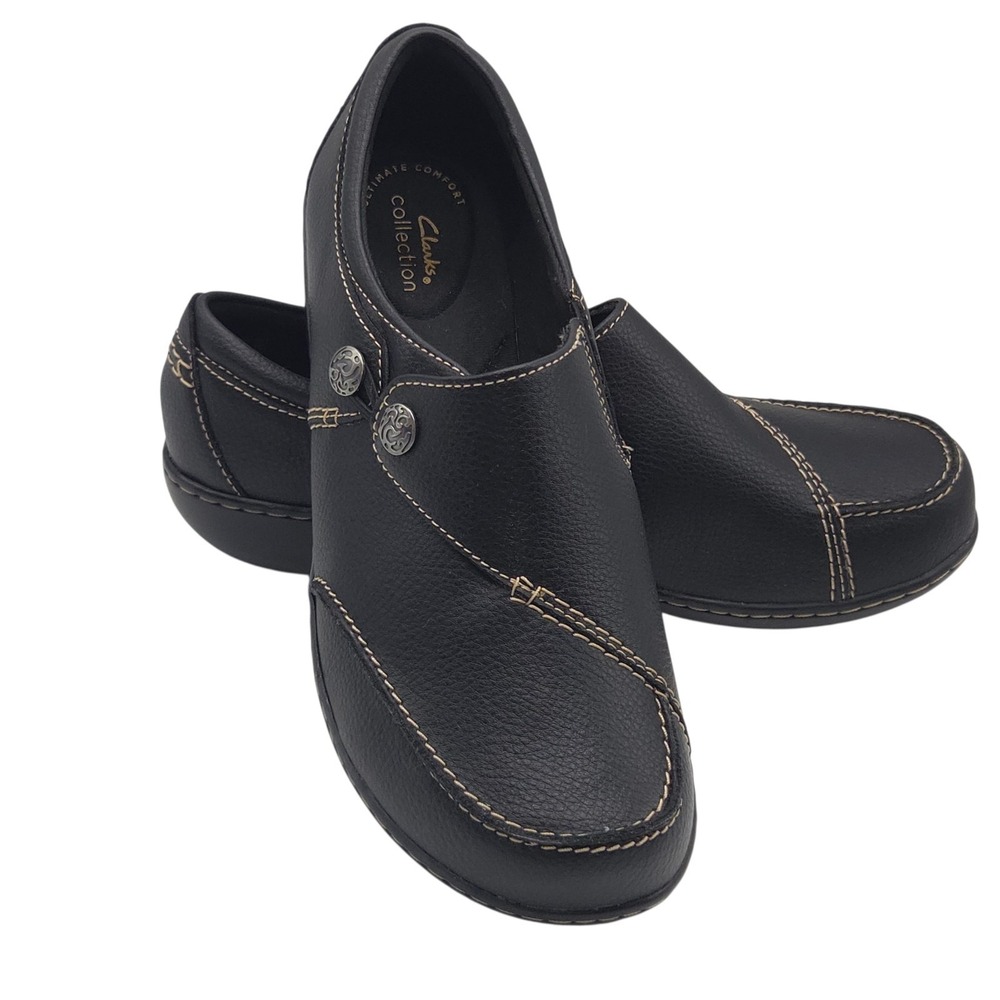 Clarks Women's Ashland Lane Q Black Leather Loafers Slip-On Casual Shoes Size 10